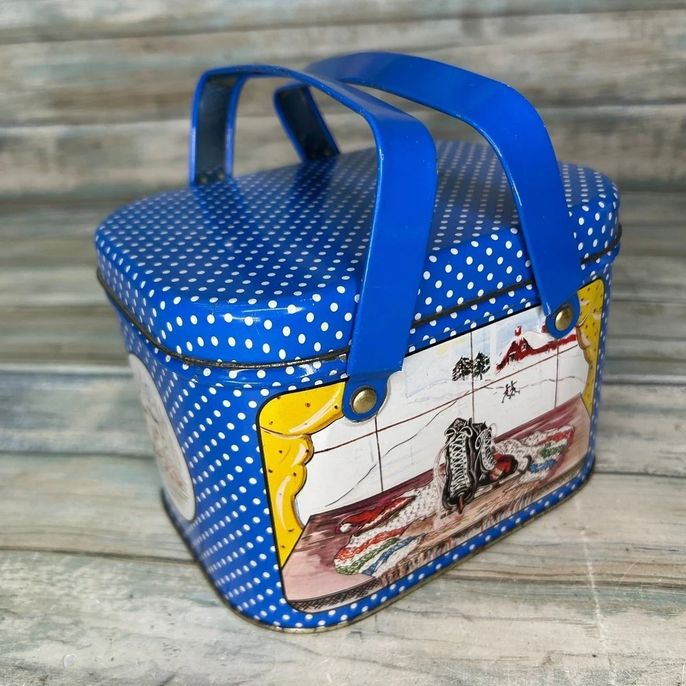 Vintage Tin Box Co. Christmas Container Tin with Handles Skate Winter Box Sewing